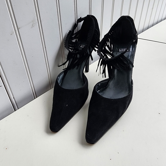 RARE Stuart Weitzman Fringelica Suede Point Toe Pump Black Ankle Strap Heel 7.5 - Picture 5 of 16